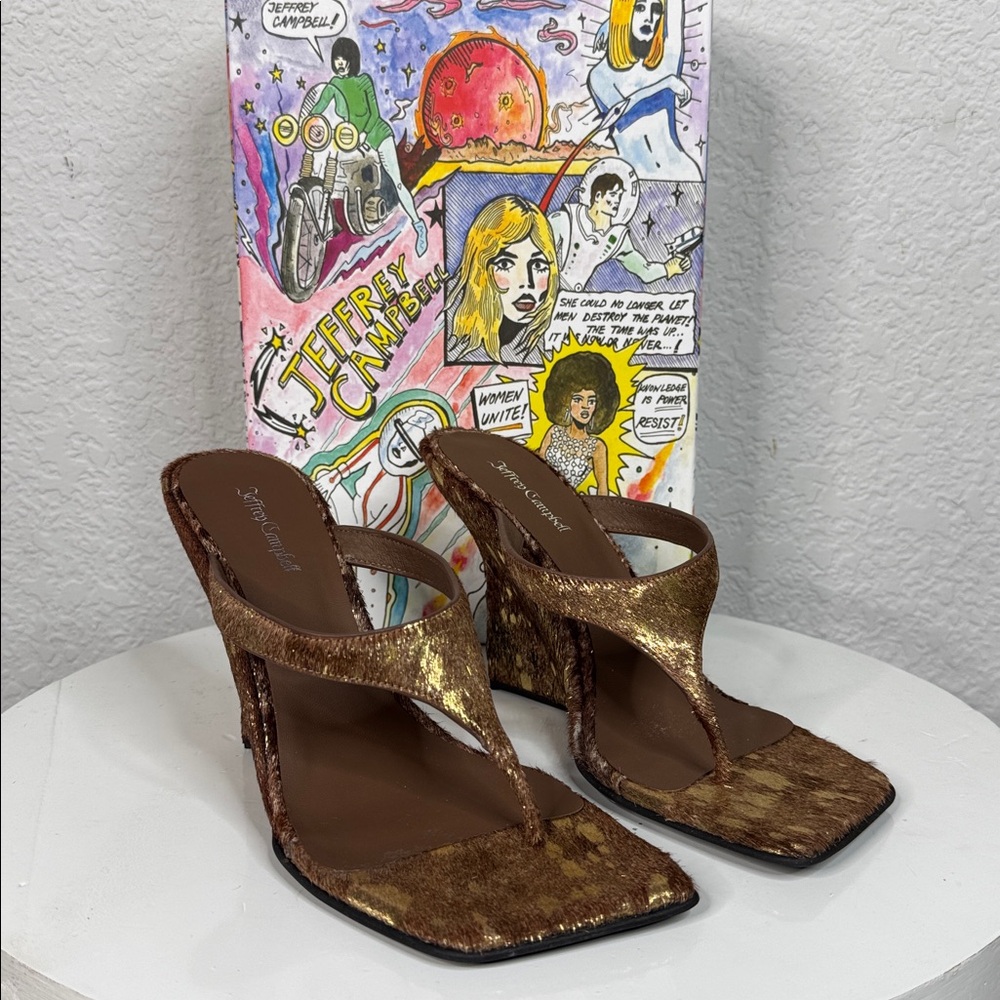 JEFFREY CAMPBELL ROMEE F CALF HAIR SCULPTED WEDGE SANDALS BROWN GOLD SPOT *NIB* - Picture 2 of 15